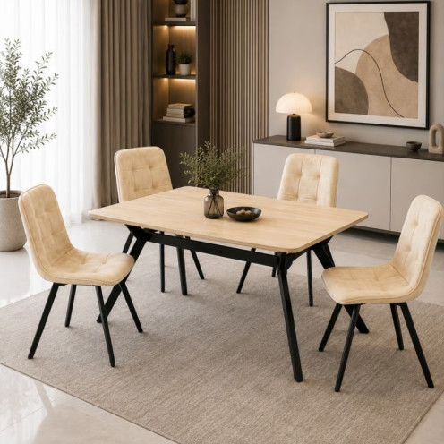 Modern Dining Table with 4 Chairs in Various Colors, Contemporary Design, and Sturdy Metal Legs, 130 cm