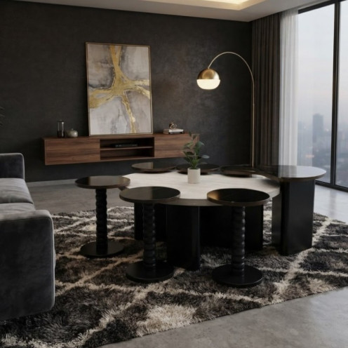 طقم طاولات خدمة معيشة بسطح زجاجي اسود + خشب مودرن متكاملة بتصميم عصري وخيارات متعددة (طاولة رئيسية + طاولات خدمة + طاولة زاوية)