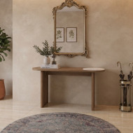 A modern console table for your entryway, featuring a unique design with a natural wood finish and elegant marble detailing.