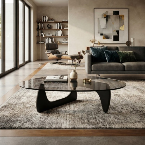 طاولة خدمة / قهوة زجاجية بتصميم عصري (إطار أسود وقاعدة زجاجية دخانية)
