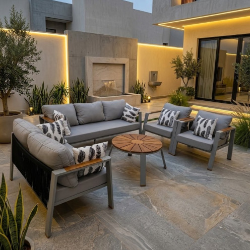 A modern outdoor seating set accommodating 7 people—an ideal choice for upscale patios and outdoor spaces, available in various colors.
