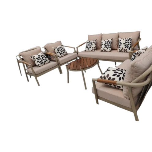 A modern outdoor seating set accommodating 7 people—an ideal choice for upscale patios and outdoor spaces, available in various colors.