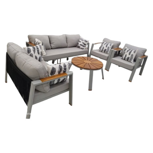A modern outdoor seating set accommodating 7 people—an ideal choice for upscale patios and outdoor spaces, available in various colors.