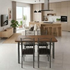 طاولة طعام مودرن بسطح باللون البني خشبي وأرجل معدنية مع 4 كراسي - مقاس 120×70 سم