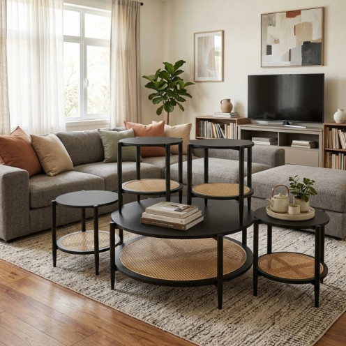 طقم طاولات خدمة وضيافة مودرن بلمسات الراتان - واللون الاسود 