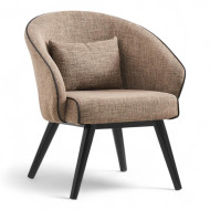 An elegant single chair with warm brown fabric upholstery