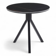 Black ceramic cafe table with black marble top and soft copper lines