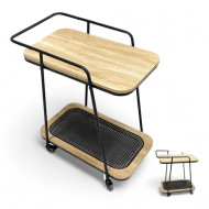 Arabic: Presenting a wooden stool that combines a light natural wood color with a black metal frame.