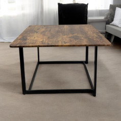 Single square wooden table with black iron base