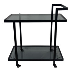 Opaque glass serving table with black iron frame
