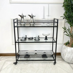 Glass serving table 3 floors with black iron frame with covers