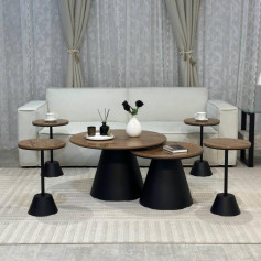 Set of 2 tables, brown top, black column, with 4 service