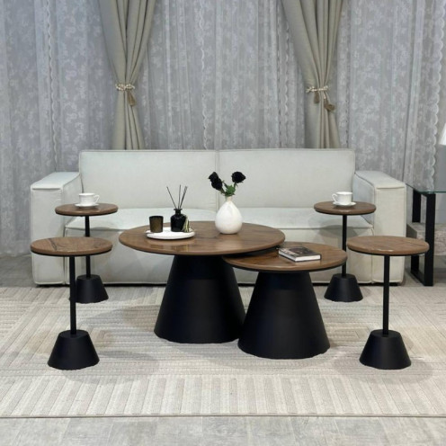 Set of 2 tables, brown top, black column, with 4 service Set of 2 tables, brown top, black column, with 4 service