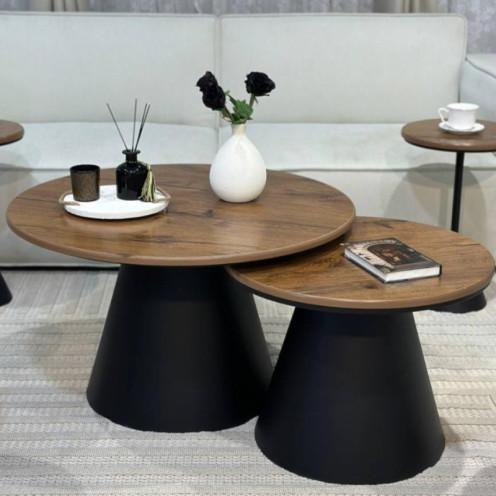 Set of 2 tables, brown top, black column, with 4 service Set of 2 tables, brown top, black column, with 4 service